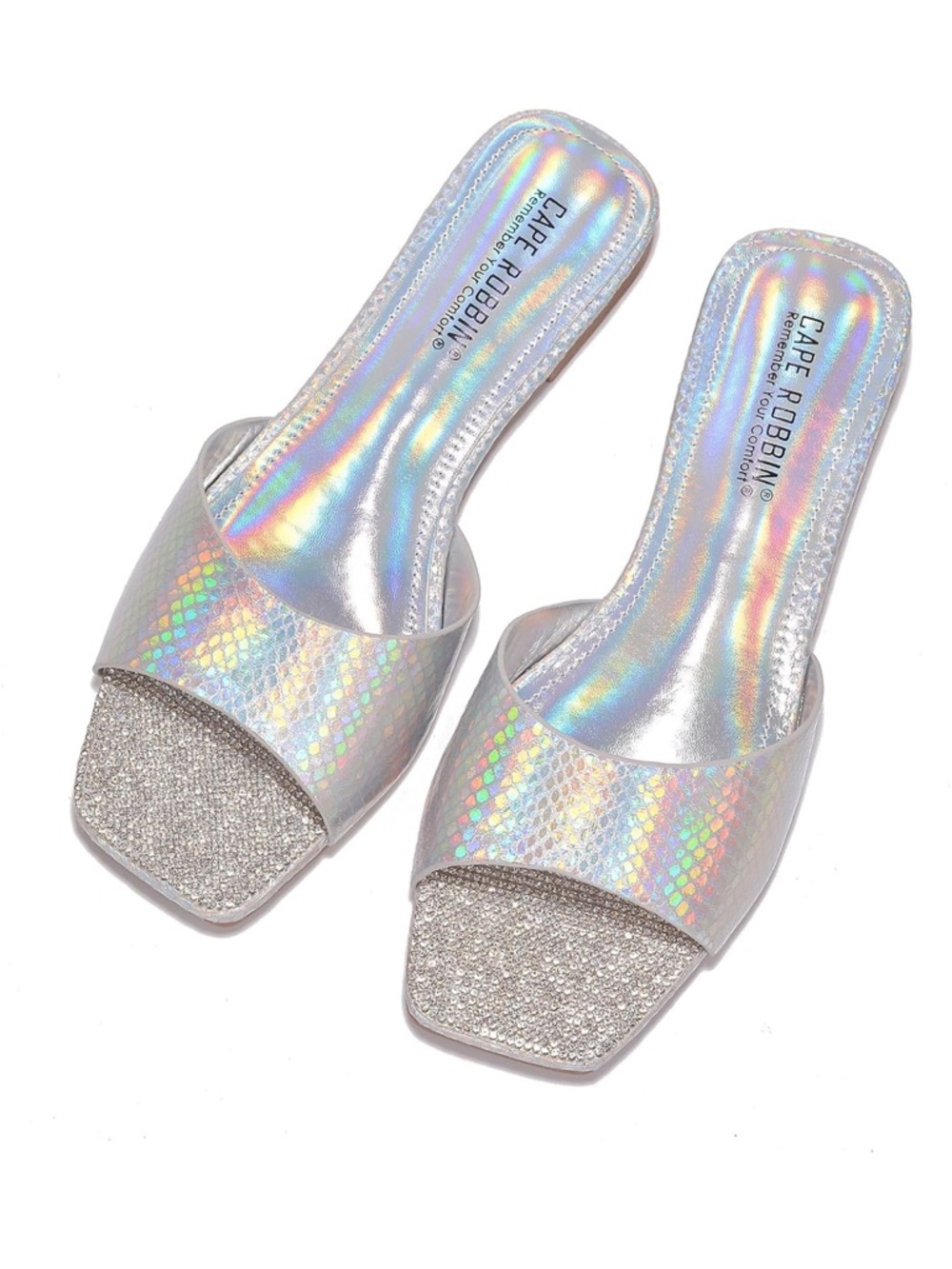 •CAPE ROBBIN• “Seya” Rhinestone Crusted Metallic Flat Sandals - Holo // NWOB